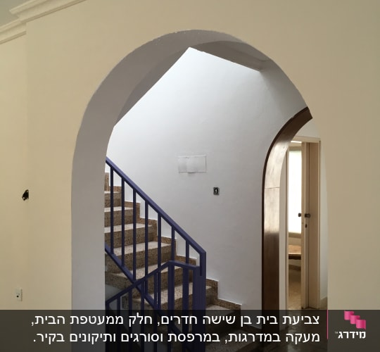 מבואת מדרגות פנימית בבית עם קירות צבועים ומעבר מקושת